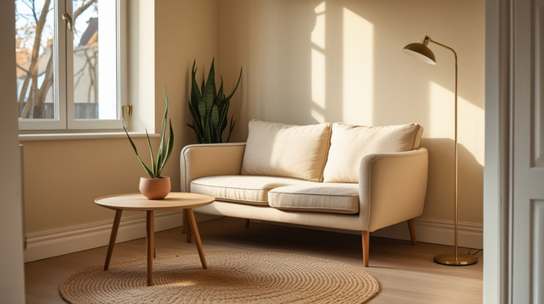 Scandinavian living room ideas for small spaces with light oak coffee table, linen sofa and layered warm lighting