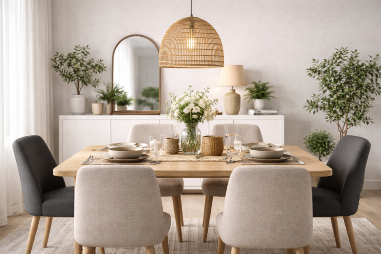 Modern dining room with sustainable light fixture above a wooden dining table in a minimalist interior.