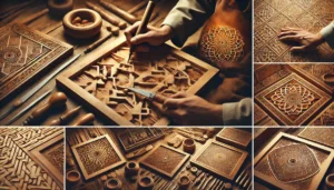 Moroccan artisan using traditional tools to carve intricate wooden designs.