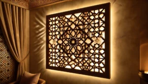 Moroccan wooden wall art illuminated with warm LED lighting for a cozy ambiance.