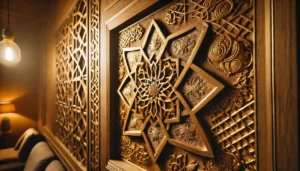 Gold-accented Moroccan wood carving adding a touch of opulence