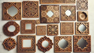 Collection of Moroccan-inspired wooden mirror frames in various shapes and sizes.