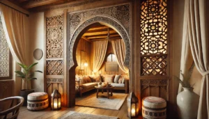 Rustic Moroccan wood arch used as a decorative element in a cozy interior.