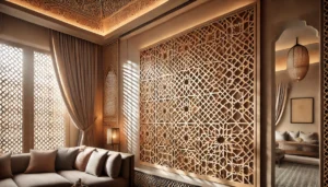 Moroccan Mashrabiya lattice screen enhancing an elegant home interior.