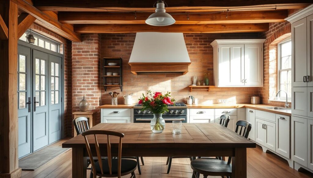 rustic wood look ceramic tile farmhouse kitchen