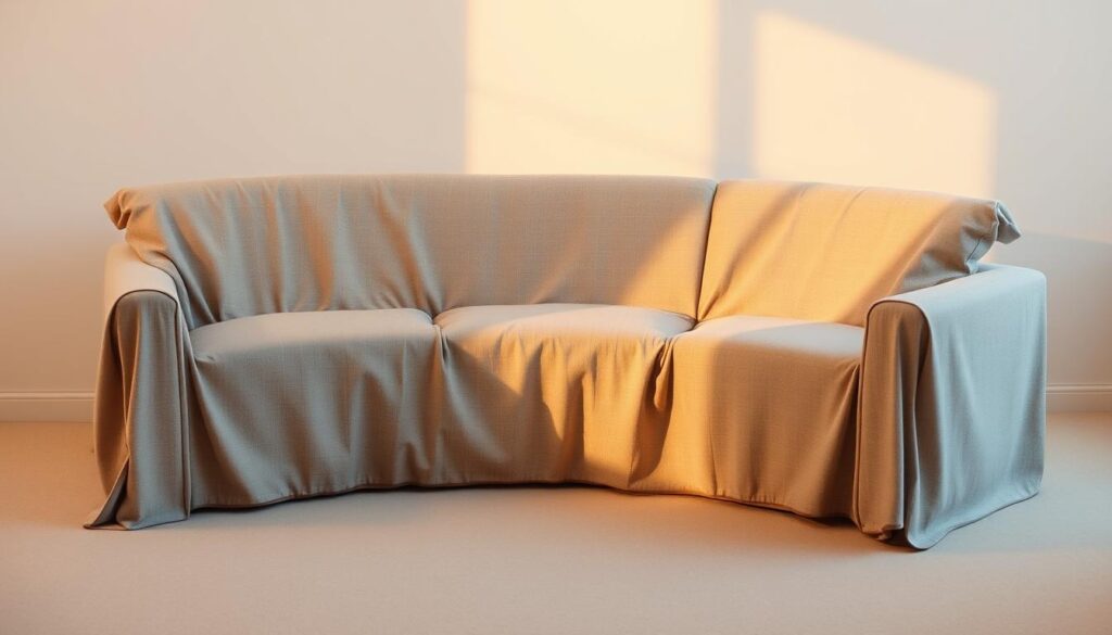 A cozy, budget-friendly curved sectional sofa covered in a soft, textured fabric with a subtle pattern. The cover has a slightly rumpled, lived-in look, suggesting a comfortable, relaxed atmosphere. Warm, indirect lighting casts a gentle glow, creating a sense of inviting warmth. The sofa is positioned in a simple, minimalist living room setting, with clean lines and muted tones that allow the focus to remain on the curved silhouette and cover. The overall mood is one of affordable, effortless style, perfect for a casual, family-friendly home.