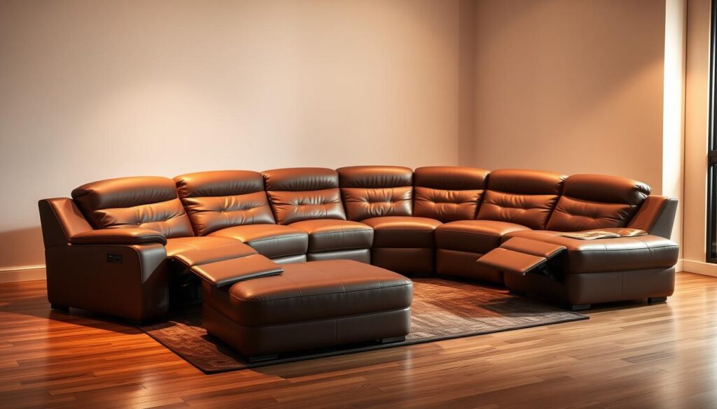 A luxurious curved sectional sofa with integrated recliners, bathed in warm, soft lighting. The plush, high-quality leather upholstery flows in graceful lines, creating a cozy and inviting seating arrangement. The recliners offer ergonomic support and comfort, perfect for relaxation. The sectional is positioned in a contemporary, minimalist living room setting, with sleek hardwood floors and a neutral color palette. Indirect lighting casts a gentle glow, enhancing the sophisticated ambiance. The scene conveys a sense of modern sophistication and relaxation, perfectly suited for a premium home environment.