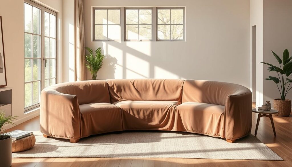 A reversible curved sectional cover in a warm, inviting living room setting. The cover features a soft, plush velvet texture in a rich taupe hue, with gentle undulating lines that create a harmonious, flowing design. The sectional is positioned in the center of the frame, bathed in natural light filtering through large windows, casting a cozy glow over the space. The background showcases a minimal, modern interior with neutral tones and clean lines, allowing the stunning curved cover to take center stage. The scene evokes a sense of comfort and relaxation, perfectly suited for a high-quality home furnishing article.