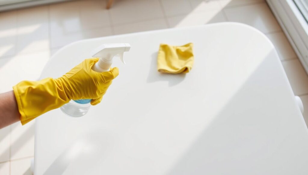 cleaning white plastic table with commercial cleaner