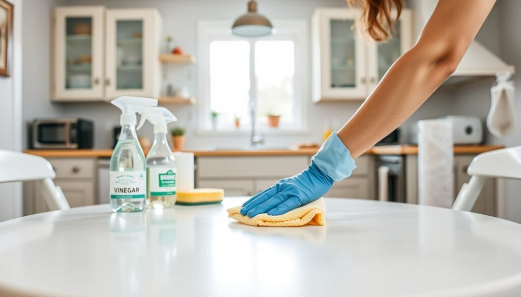 cleaning white plastic table with vinegar solution