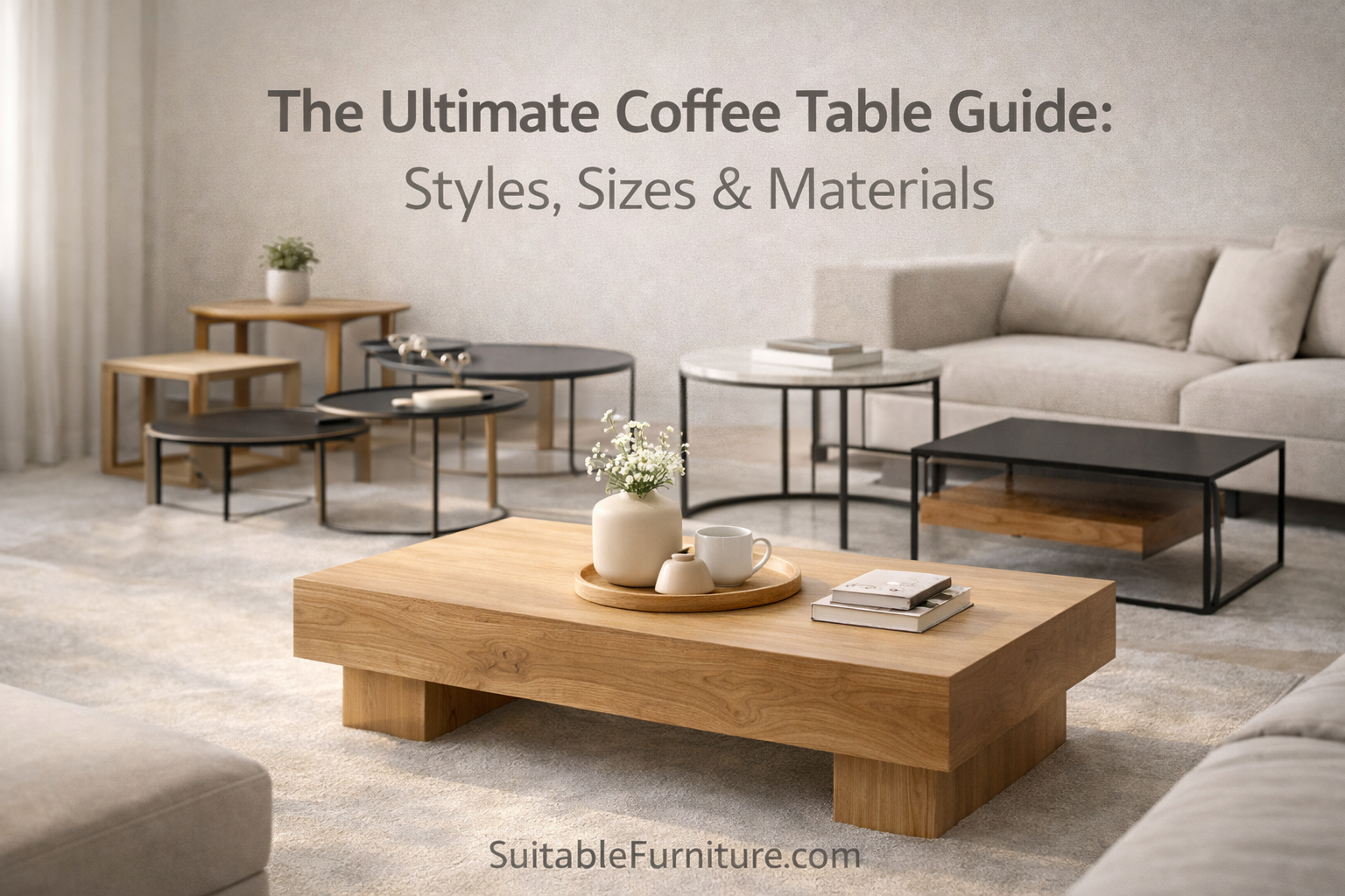 Modern living room featuring different coffee table styles in wood, metal, glass, and marble with a central wooden coffee table.