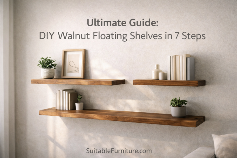 DIY walnut floating shelves mounted on a light wall in a modern minimalist interior with books and plants.