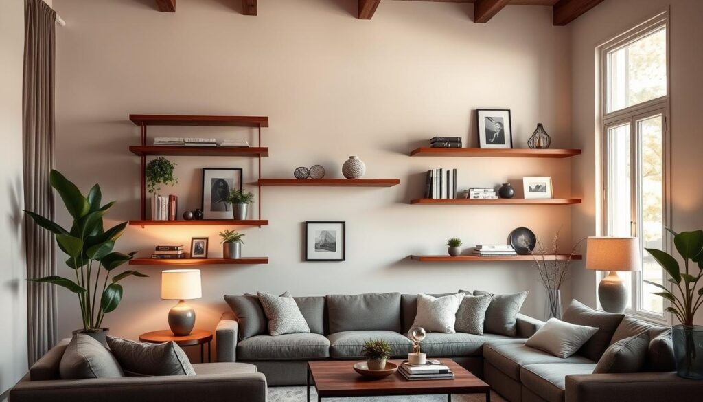 A cozy and sophisticated living room with a sleek walnut floating shelf system showcasing various decorative elements. The shelves are mounted on the wall, creating a harmonious and minimalist aesthetic. Soft lighting from table lamps and a large window casts a warm glow, highlighting the natural wood tones. Carefully curated decor, such as potted plants, framed artwork, and a few select books, add visual interest and personal touches. The overall scene conveys a sense of balance, elegance, and comfortable living.