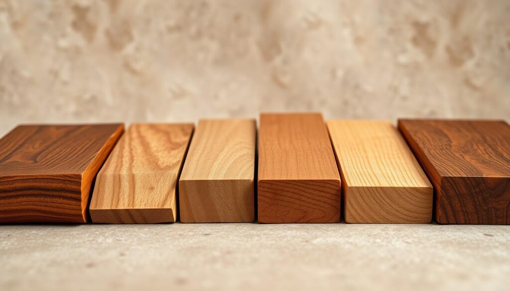 A finely crafted, high-resolution image showcasing a side-by-side comparison of various wood types, with walnut as the focal point. The foreground features expertly detailed samples of walnut, oak, maple, and cherry wood, their distinct grains and textures clearly visible under warm, directional lighting. In the middle ground, the wood samples are arranged in a thoughtful, visually appealing layout, allowing for a comprehensive comparison. The background is a neutral, yet subtly textured surface, emphasizing the natural beauty of the wood. The overall composition is balanced, with a sense of depth and a professional, editorial tone, suitable for illustrating the "Walnut vs. Other Wood Types" section of the article.