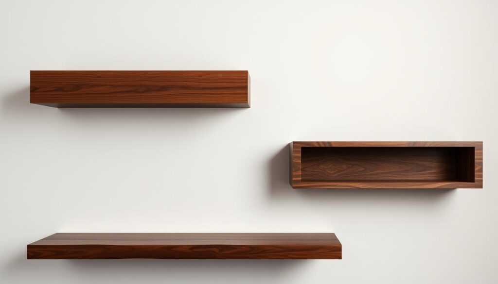 A high-quality wide-angle shot showcasing a visually compelling comparison of three distinct walnut floating shelves against a minimalist backdrop. The shelves are positioned at eye level, allowing for a detailed examination of their unique designs, grains, and finishes. Subtle side lighting accentuates the natural beauty and texture of the wood, while a slightly tilted camera angle adds visual interest and depth. The overall mood is one of refined elegance, inviting the viewer to closely examine the characteristics and benefits of these premium walnut floating shelves.