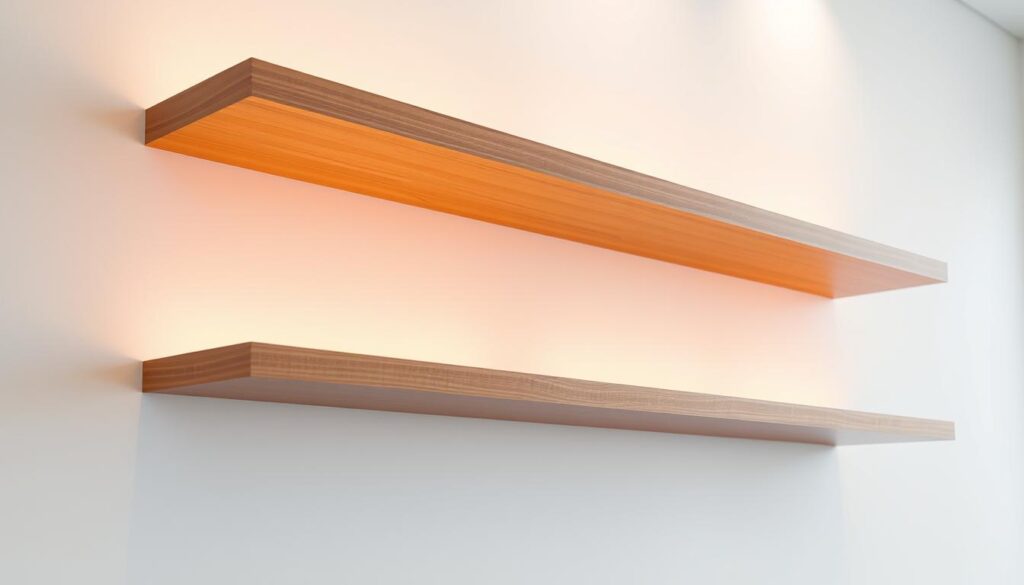 A minimalist, well-lit interior featuring a set of floating LED shelves suspended against a clean, bright white wall. The shelves are made of sleek, high-quality wood with a modern, linear design. Warm, dimmable LED lights are seamlessly integrated into the underside of each shelf, casting a soft, ambient glow. The lighting is controlled by a discreet touch sensor, allowing for easy adjustment. The shelves appear to be effortlessly levitating, showcasing the advanced engineering and attention to detail behind this cutting-edge lighting and storage solution. A minimalist, well-lit interior featuring a set of floating LED shelves suspended against a clean, bright white wall. The shelves are made of sleek, high-quality wood with a modern, linear design. Warm, dimmable LED lights are seamlessly integrated into the underside of each shelf, casting a soft, ambient glow. The lighting is controlled by a discreet touch sensor, allowing for easy adjustment. The shelves appear to be effortlessly levitating, showcasing the advanced engineering and attention to detail behind this cutting-edge lighting and storage solution.