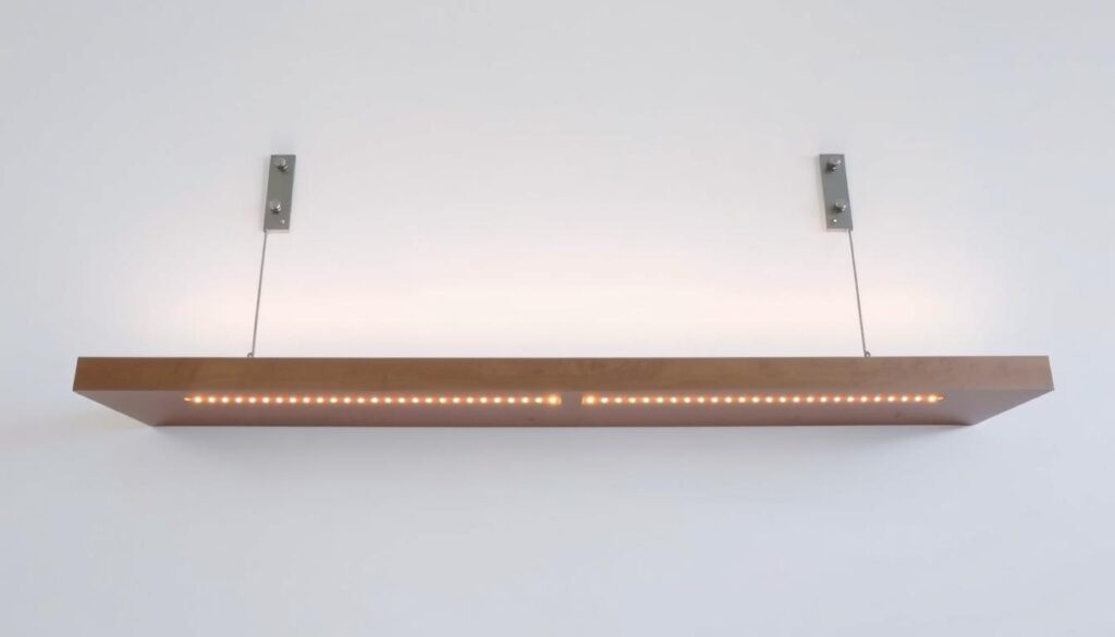 A modern, minimalist LED floating shelf installation against a bright, airy backdrop. The shelf is suspended by sleek metal brackets, its surface illuminated by a row of warm, glowing LED lights. The shelving unit is displayed in a minimalist, clutter-free environment, with a plain white wall providing a clean, uncluttered canvas. Soft, diffused lighting creates a calm, inviting atmosphere, highlighting the elegant simplicity of the shelf design. The image should convey a sense of modern, functional style that would be suitable for an "Installation Guide for LED Floating Shelves" section. A modern, minimalist LED floating shelf installation against a bright, airy backdrop. The shelf is suspended by sleek metal brackets, its surface illuminated by a row of warm, glowing LED lights. The shelving unit is displayed in a minimalist, clutter-free environment, with a plain white wall providing a clean, uncluttered canvas. Soft, diffused lighting creates a calm, inviting atmosphere, highlighting the elegant simplicity of the shelf design. The image should convey a sense of modern, functional style that would be suitable for an "Installation Guide for LED Floating Shelves" section.