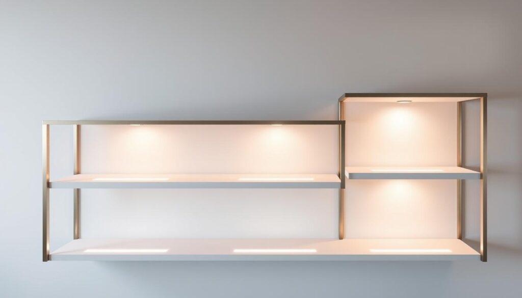 A modern minimalist floating shelves display with a sleek brushed metal frame, featuring a series of evenly spaced LED strip lights recessed into the underside of each shelf, casting a warm, ambient glow across the smooth, white wood surfaces. The shelves are artfully arranged in a staggered pattern, with the lights creating an elegant, floating effect. The arrangement is set against a clean, neutral backdrop, allowing the lighting and shelves to be the focal point. Soft, natural shadows add depth and dimension to the scene. The overall aesthetic is sophisticated, functional, and visually striking. A modern minimalist floating shelves display with a sleek brushed metal frame, featuring a series of evenly spaced LED strip lights recessed into the underside of each shelf, casting a warm, ambient glow across the smooth, white wood surfaces. The shelves are artfully arranged in a staggered pattern, with the lights creating an elegant, floating effect. The arrangement is set against a clean, neutral backdrop, allowing the lighting and shelves to be the focal point. Soft, natural shadows add depth and dimension to the scene. The overall aesthetic is sophisticated, functional, and visually striking.