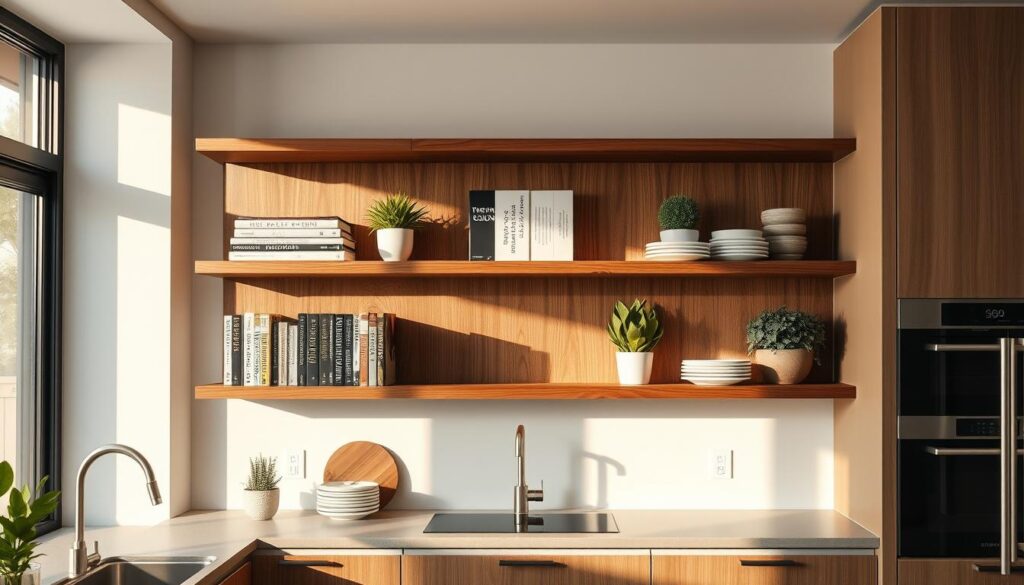 A modern, minimalist kitchen with sleek, walnut floating shelves mounted on the wall. The shelves are arranged in a clean, geometric pattern, holding an array of stylish cookbooks, potted plants, and ceramic dinnerware. Warm, natural lighting floods the space, casting a soft glow on the rich, wood grain textures. The shelves are complemented by neutral-toned cabinetry and countertops, creating a harmonious, contemporary aesthetic. The overall mood is one of understated elegance and functionality, showcasing the versatility of walnut floating shelves in a kitchen setting.