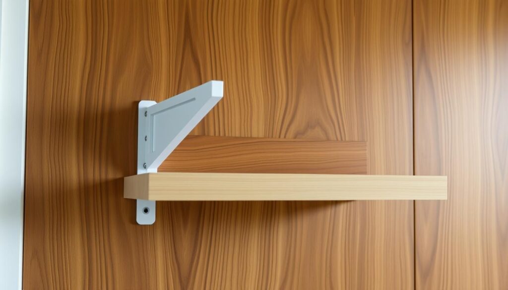 A neatly installed floating bracket, showcasing its intricate design and sturdy construction, against a backdrop of a warm, well-lit walnut wood wall. The bracket is positioned at eye level, with a clean, minimalist aesthetic that seamlessly complements the surrounding decor. Soft, directional lighting casts subtle shadows, highlighting the bracket's clean lines and precise installation. The overall scene conveys a sense of thoughtful attention to detail, inviting the viewer to imagine the perfect placement of a floating shelf upon this expertly mounted bracket.