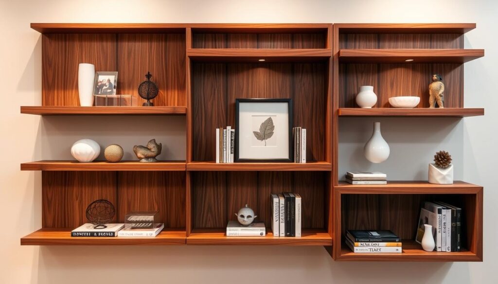 A pristine set of custom-made walnut floating shelves, exquisitely crafted with a seamless, minimalist design. The warm, rich tones of the natural wood grain are accentuated by soft, diffused lighting from above, creating a cozy, inviting atmosphere. The shelves appear to be securely mounted on the wall, with a sleek, floating effect that adds a touch of modern elegance to the space. The arrangement showcases a carefully curated selection of decorative objects, books, and personal mementos, all complementing the natural beauty of the walnut. The image captures the shelves from a slightly elevated angle, allowing the viewer to appreciate the clean lines and impeccable craftsmanship.
