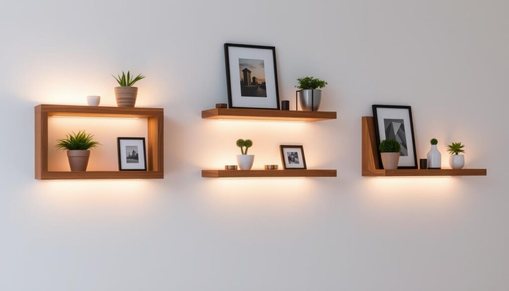 A well-lit, wooden DIY floating shelves with integrated LED strip lights, casting a warm, ambient glow. The shelves are mounted on a clean, minimalist white wall, creating a modern, sleek aesthetic. The shelves are adorned with simple, tasteful decor, such as potted plants, framed art, and a few carefully selected knickknacks. The lighting is subtle, highlighting the shelves' elegant design and creating a cozy, inviting atmosphere. The overall scene conveys a sense of functionality, style, and cost-effectiveness, perfectly complementing the article's subject and section title. A well-lit, wooden DIY floating shelves with integrated LED strip lights, casting a warm, ambient glow. The shelves are mounted on a clean, minimalist white wall, creating a modern, sleek aesthetic. The shelves are adorned with simple, tasteful decor, such as potted plants, framed art, and a few carefully selected knickknacks. The lighting is subtle, highlighting the shelves' elegant design and creating a cozy, inviting atmosphere. The overall scene conveys a sense of functionality, style, and cost-effectiveness, perfectly complementing the article's subject and section title.
