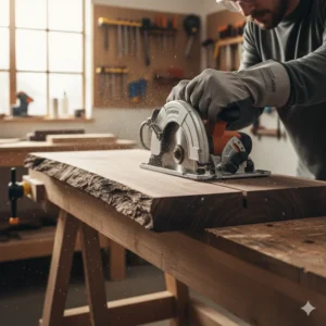 Cutting a walnut board to length for floating shelves
