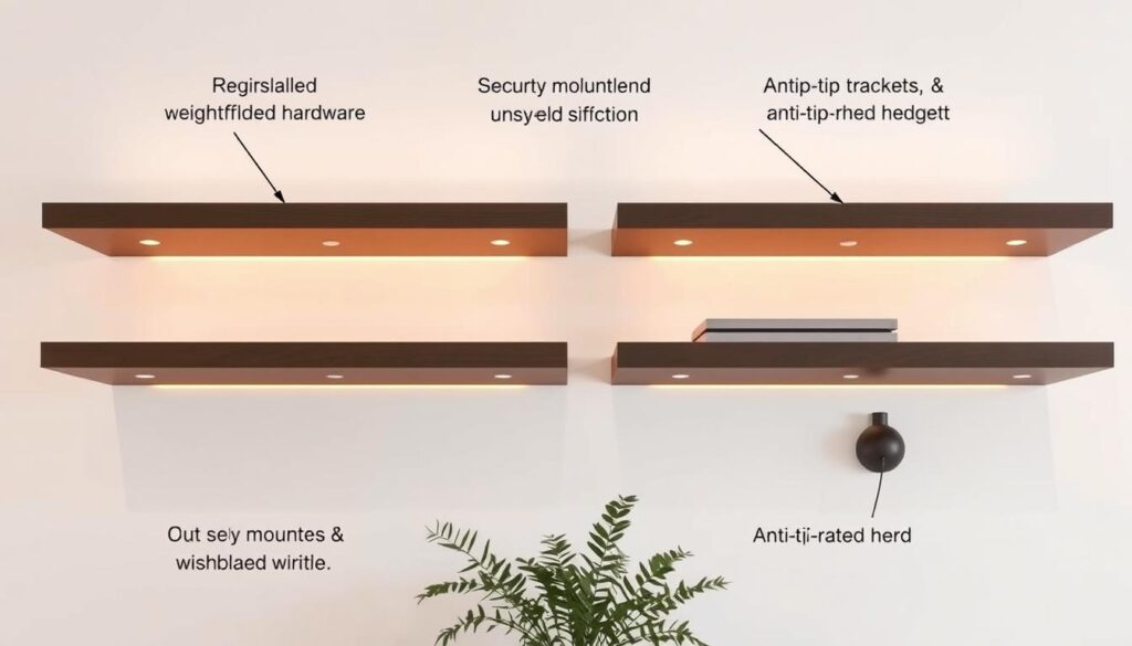 Floating shelves adorned with warm, energy-efficient LED lighting, casting a cozy glow against a minimalist white wall. The shelves are securely mounted, with concealed wiring and a focus on safety features like anti-tip brackets and weight-rated hardware. In the foreground, a decorative plant and a few carefully curated items create a balanced, visually appealing display. The overall scene conveys a sense of modern elegance and thoughtful design, highlighting the practical and aesthetic benefits of lighted floating shelves.