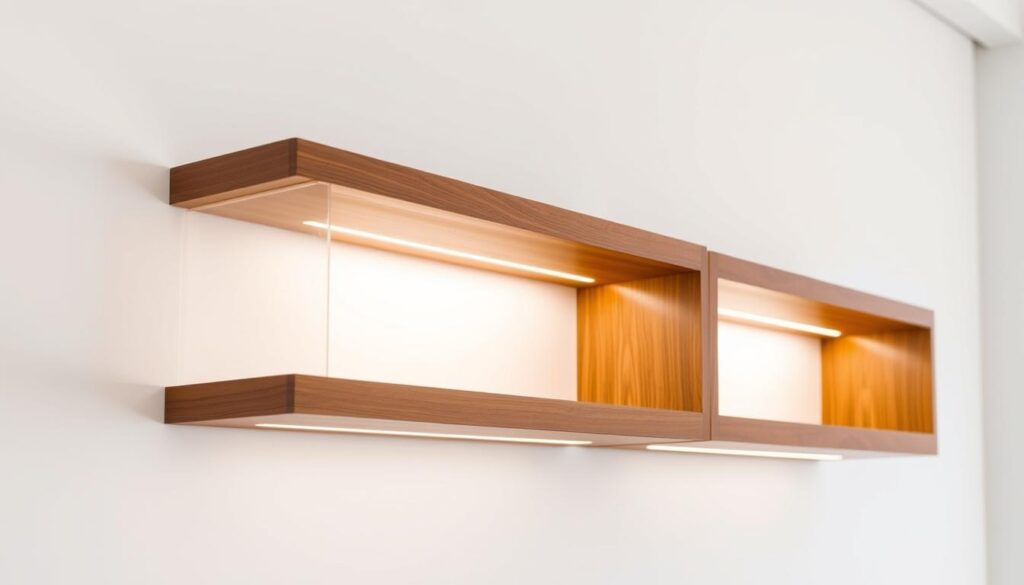 Floating shelves with integrated LED lighting, suspended elegantly against a minimalist white wall. The shelves, crafted from sleek, polished wood, feature a subtle ambient glow emanating from concealed LED strips. The lighting creates a warm, inviting atmosphere, highlighting the floating design and accentuating the natural grain of the wood. The shelves appear to defy gravity, their invisible supports blending seamlessly into the background. Soft, directional lighting casts a gentle illumination, creating a serene, contemporary ambiance. The overall effect is one of smart, modern functionality seamlessly blended with a touch of sophisticated style. Floating shelves with integrated LED lighting, suspended elegantly against a minimalist white wall. The shelves, crafted from sleek, polished wood, feature a subtle ambient glow emanating from concealed LED strips. The lighting creates a warm, inviting atmosphere, highlighting the floating design and accentuating the natural grain of the wood. The shelves appear to defy gravity, their invisible supports blending seamlessly into the background. Soft, directional lighting casts a gentle illumination, creating a serene, contemporary ambiance. The overall effect is one of smart, modern functionality seamlessly blended with a touch of sophisticated style.