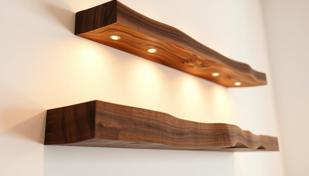 Rustic live edge walnut floating shelves with a natural, organic feel. Showcasing the beautiful wood grain and unique contours of the material. Backlit by soft, warm lighting creating a cozy, inviting ambiance. Shelves mounted flush against a minimalist white wall, creating an elegant, streamlined aesthetic. Angled camera perspective highlights the depth and texture of the wood. Shadows and highlights accentuate the shelves' sculptural quality. The overall scene evokes a sense of rustic charm and refined sophistication.