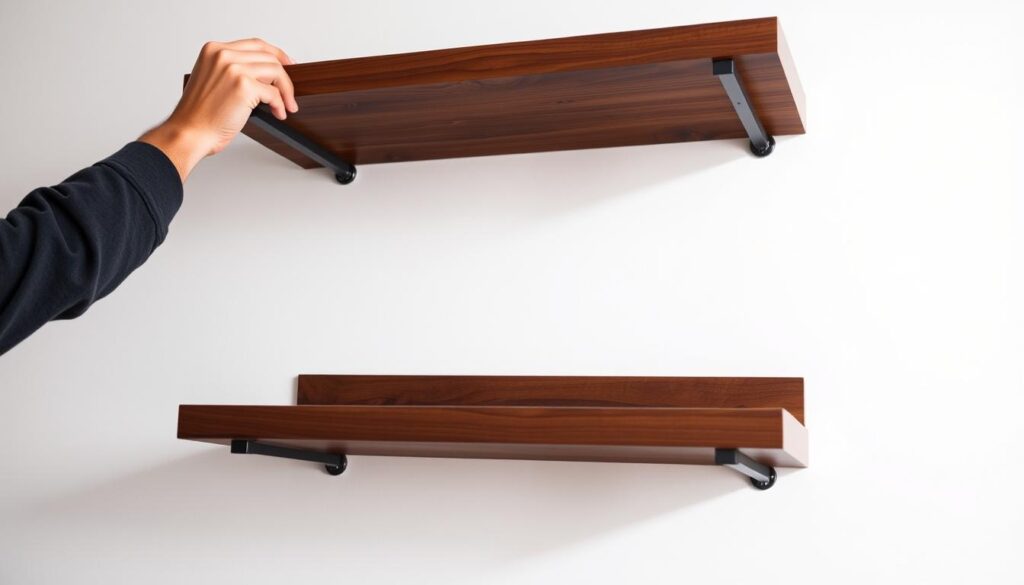 Walnut floating shelves being carefully installed on a minimalist white wall. In the foreground, a person's hands meticulously aligning the shelf brackets, the warm wood grain contrasting with the smooth drywall. In the middle ground, the walnut shelves rest on the brackets, ready to hold decorative objects and books. Soft, directional lighting casts gentle shadows, highlighting the depth and texture of the wooden shelves. The overall scene conveys a sense of precision, craftsmanship, and the satisfying process of a successful DIY home project.