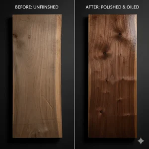 Before and after finish comparison on walnut floating shelf board