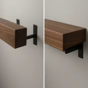 Sliding walnut floating shelf onto concealed brackets
