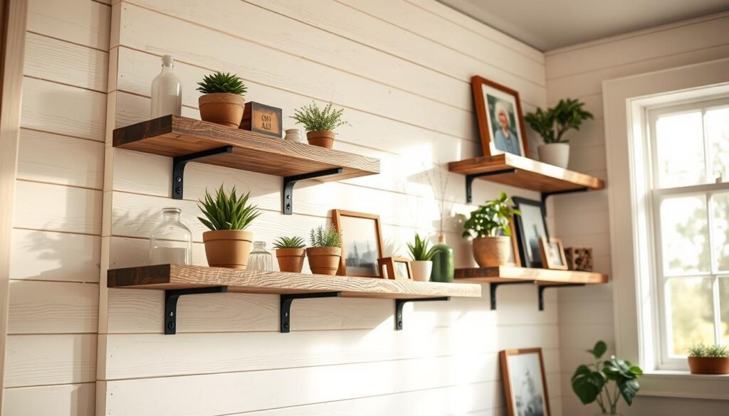 rustic walnut floating shelves