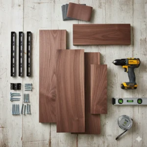DIY tools and materials to build walnut floating shelves