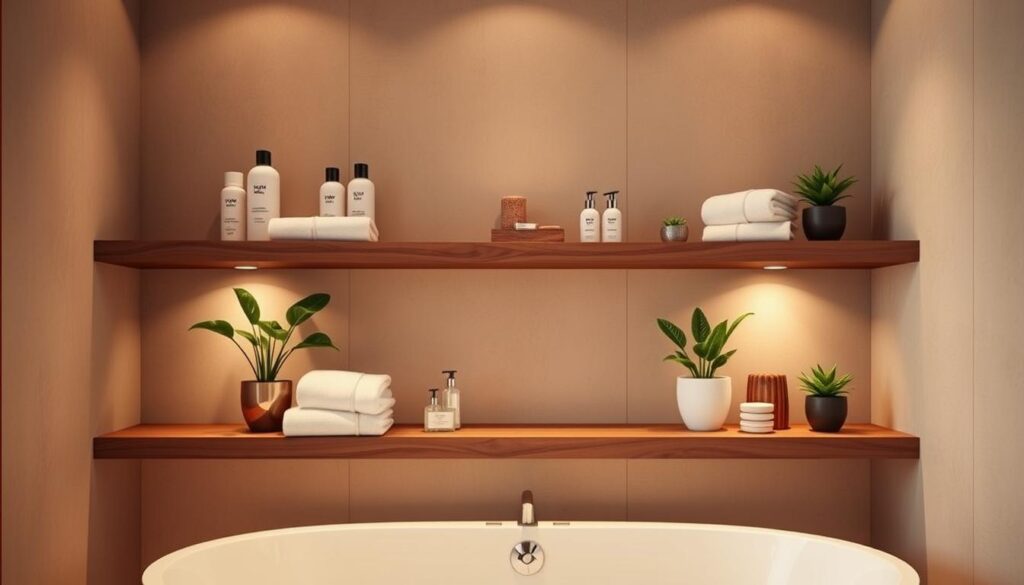 spa-inspired bathroom walnut floating shelves