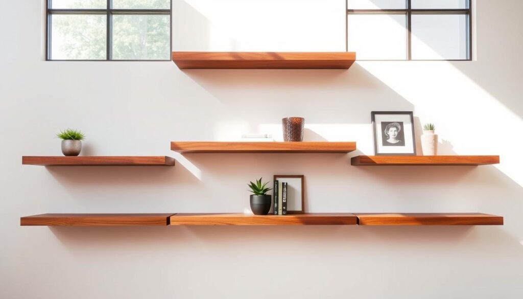 walnut floating shelves