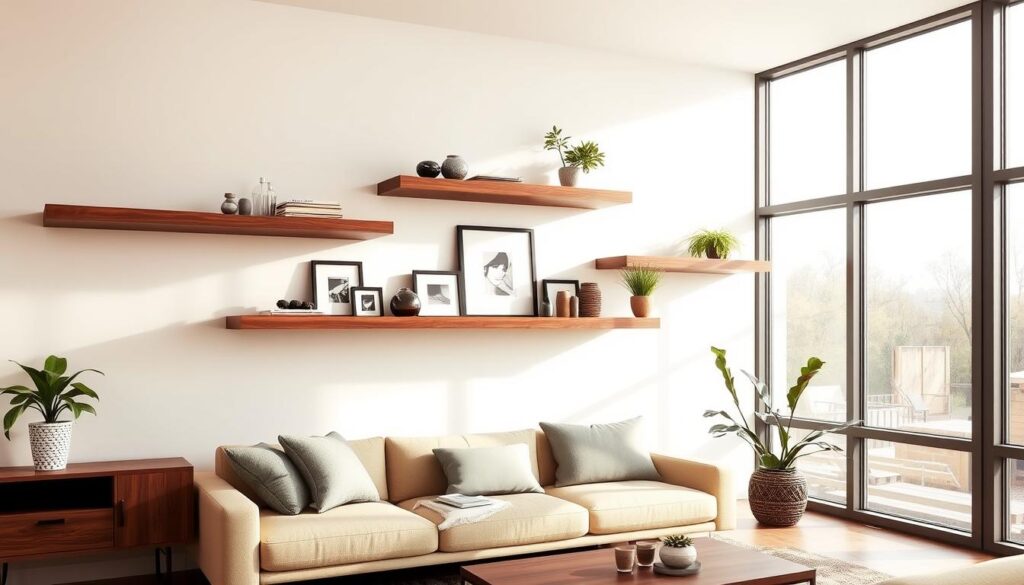 walnut floating shelves