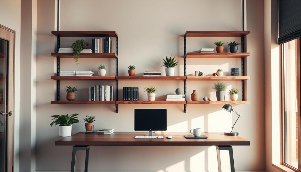 walnut floating shelves for home office