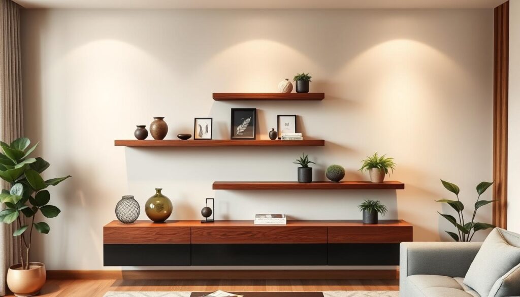 walnut floating shelves for living room décor