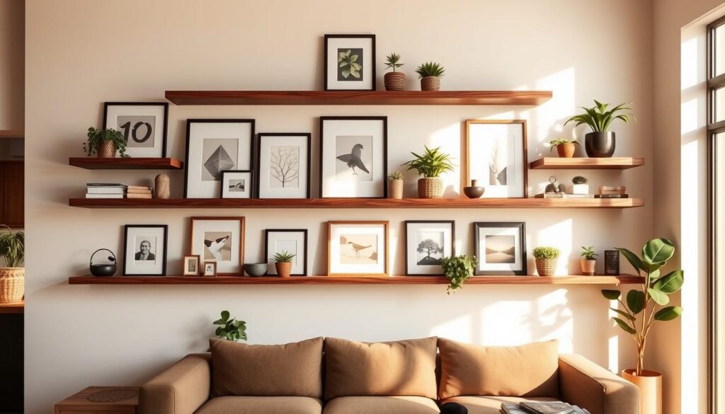 walnut floating shelves for living room décor