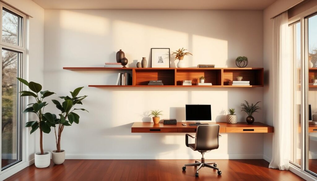 walnut floating shelves office