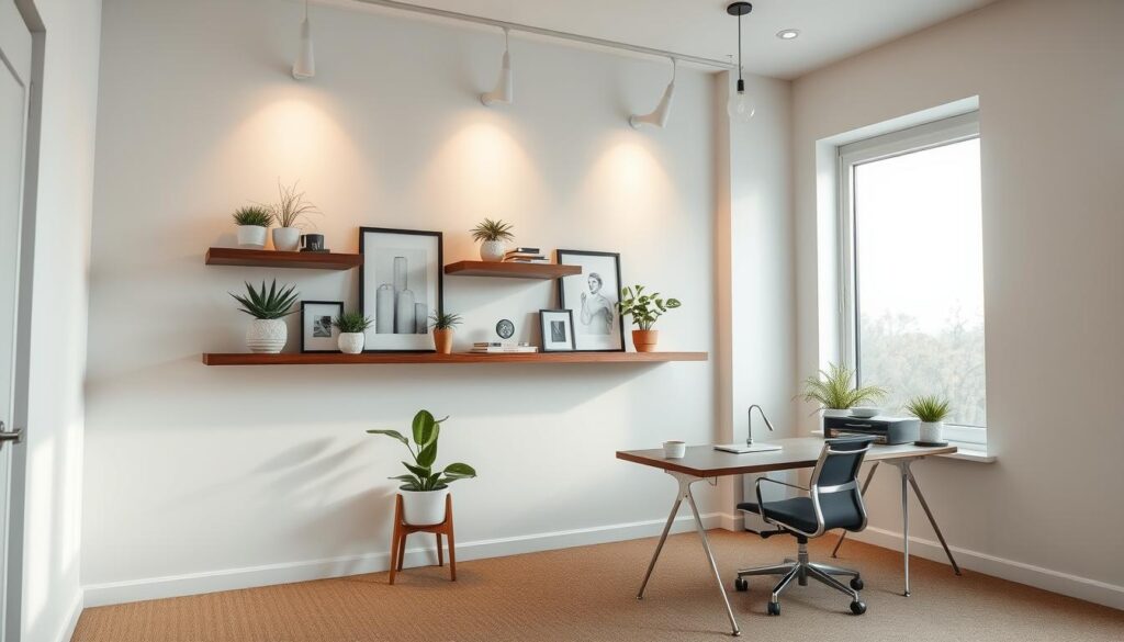 walnut floating shelves office