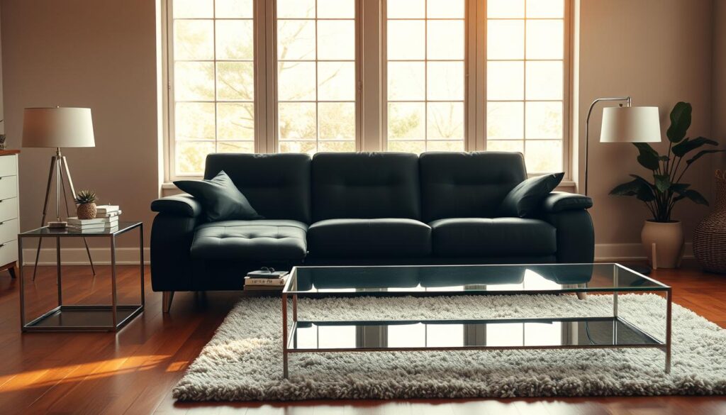 black reclining sofa in living room
