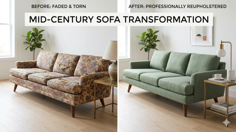 A side-by-side comparison of a worn-out sofa vs. a professionally restored one, illustrating how Sofa Reupholstery Prices reflect quality craftsmanship.