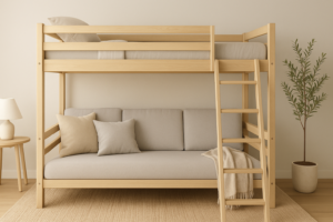 Scandinavian-style sofa bunk bed with light wood frame and neutral fabrics