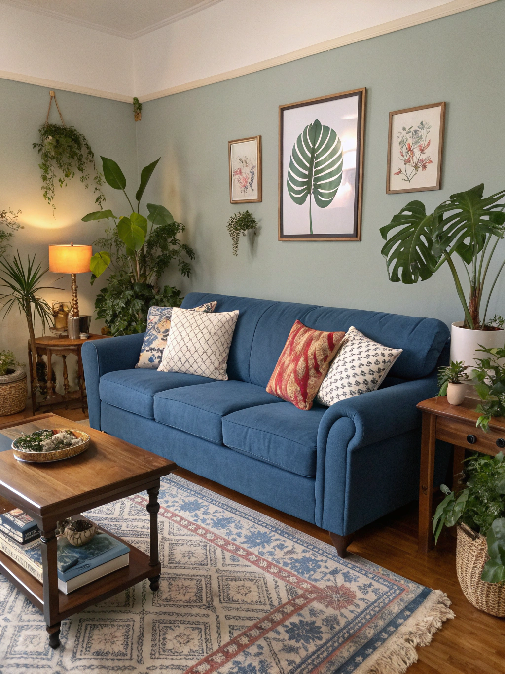 Blue sofa dimensions and spacing guide for different room sizes
