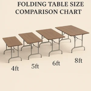 Folding table size chart with dimensions for 4ft, 5ft, 6ft and 8ft tables