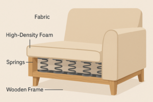 Cross-section diagram of a sofa showing hardwood frame, high-density foam, and internal support structure.