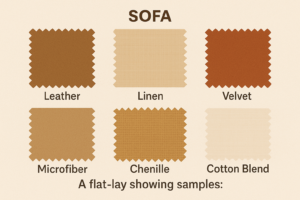 Flat lay of sofa and couch fabric samples including leather, linen, microfiber, and chenille.